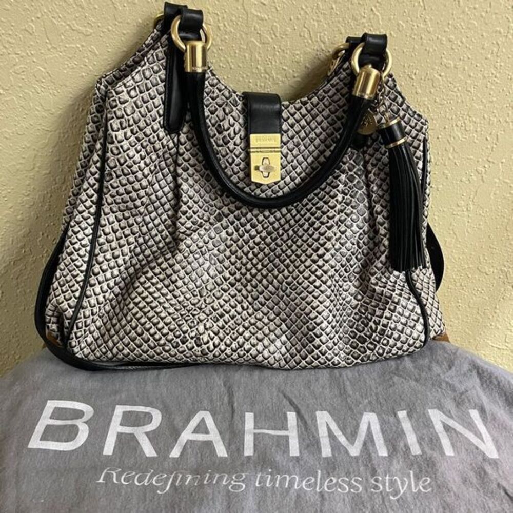 Brahmin Elisa Snake Lizard Print Black White Gold Lock Tassel‎ Hobo Shoulder Bag